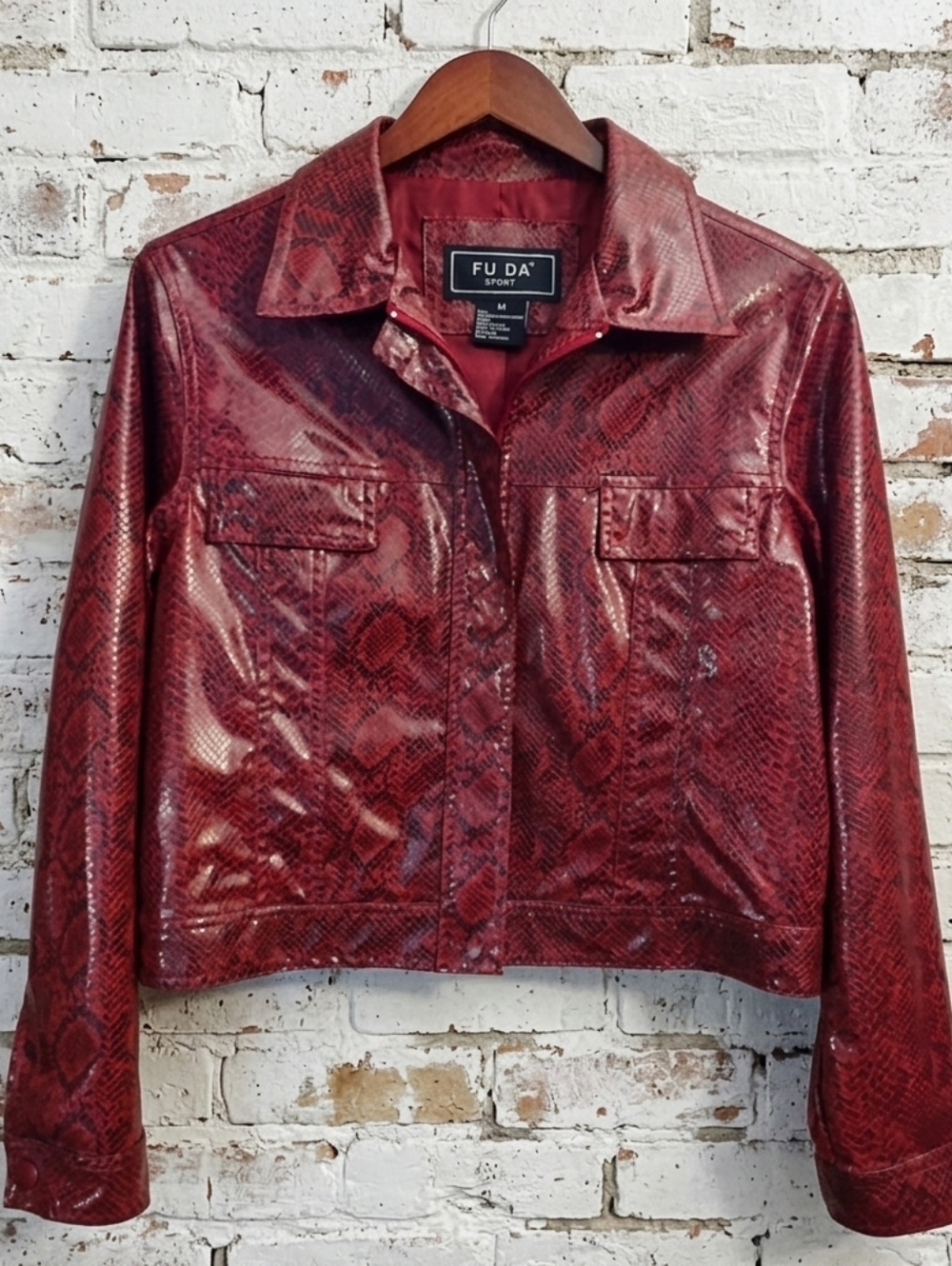 FUDA Sport Women's Faux Snakeskin Print Burgundy Red Black Moto Jacket